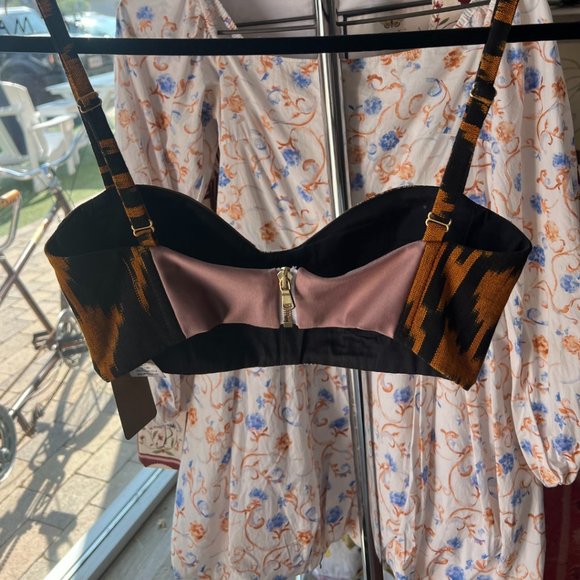 Sandra Weil Stretch Ikat Plaid Pattern Bra Patchwork Crop Bustier Brown Size 2 - Picture 3 of 4